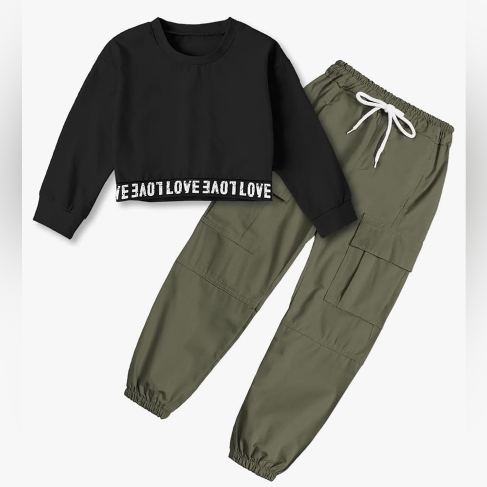 Girls Cargo Jogger Set Cropped Black Top Olive Pants 13/14
